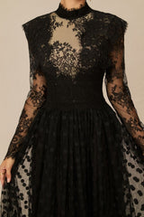 Elegant Enchantment Black Polka Dot Lace Maxi Dress