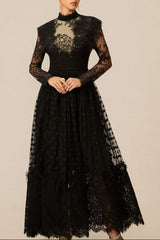 Elegant Enchantment Black Polka Dot Lace Maxi Dress