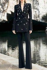 myra black Straight Flared Velvet Floor Length Pants rhinestone blazer set