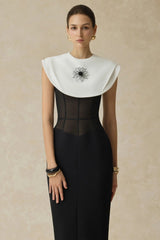 bernice black sleeveless Midi Dress With White Cape