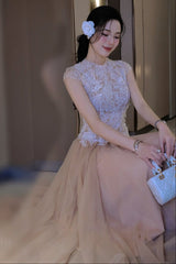 elvira Sequin lace crochet patchwork mesh maxi dress in brown