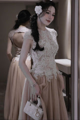 elvira Sequin lace crochet patchwork mesh maxi dress in brown