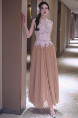 elvira Sequin lace crochet patchwork mesh maxi dress in brown