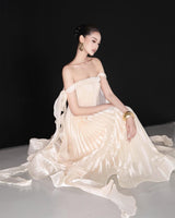 quintina Off Shoulder Pleated Maxi Dress in apricot