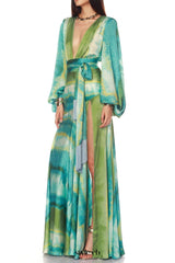 Green multicolor floral print puff sleeve maxi dress