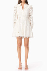 lapel hollow embroidery puff sleeve mini dress in white