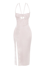 apricot crystal satin lace cutout midi dress