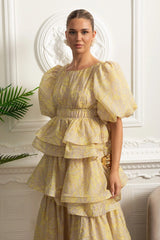 kristin Puff Sleeve Tiered Ruffle Midi Dress - Yellow