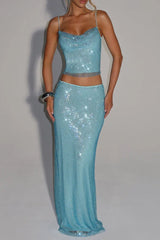 melissa sequin tube top maxi skirt suit in blue