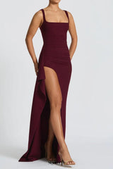 pleated high slit Stretch crepe maxi dress in burgundy