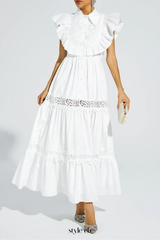 White Sleeveless Ruffle trim Midi Dress