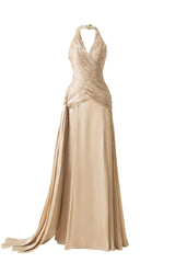 Corset Waist Silk Blend halter Floor Length Dress in champagne