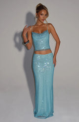 melissa sequin tube top maxi skirt suit in blue