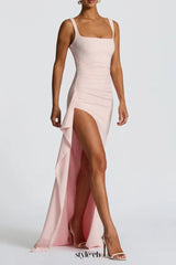 pleated high slit Stretch crepe maxi dress in pink