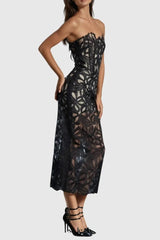 letitia Strapless Flower Embroidered Midi Dress