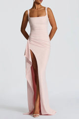 pleated high slit Stretch crepe maxi dress in pink