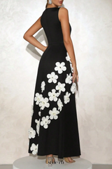 marcia 3D Flower A-Line maxi dress in black