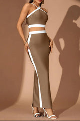 cora White Striped Patchwork Maxi Bandage Set - brown
