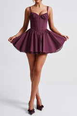 lace ruffle trim corset mini dress in purple