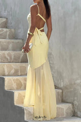 Lace-up beveled back satin maxi dress in lemon yellow
