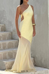 Lace-up beveled back satin maxi dress in lemon yellow