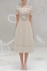 hermosa 3d floral embroidered hollow midi dress in apricot