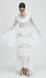 sylvia Sheer lace trumpet sleeve maxi dress in white