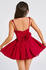 lace ruffle trim corset mini dress in red