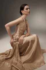 Corset Waist Silk Blend halter Floor Length Dress in champagne