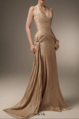Corset Waist Silk Blend halter Floor Length Dress in champagne