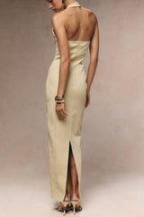 Almond Woven Halter Button Maxi Dress