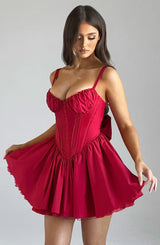 lace ruffle trim corset mini dress in red