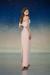 leona Sheath Asymmetric Shoulder Taffeta Ankle maxi Dress in pink