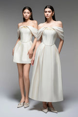 embroidery A-line Off-Shoulder Polyester Mini Dress in beige