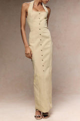 Almond Woven Halter Button Maxi Dress
