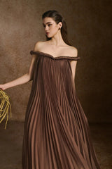 donna A-line Off-Shoulder Silk Organza Maxi Dress in brown