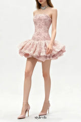 katherine Embroidered Lace Ruffle Mini Dress in pink