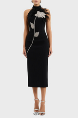 beatrice flower rhinestone feather halter Midi Dress in Black