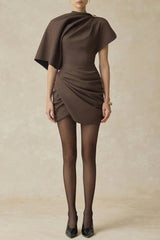 agatha Asymmetric Sleeve Draped Mini Dress in brown