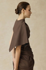 agatha Asymmetric Sleeve Draped Mini Dress in brown