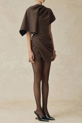 agatha Asymmetric Sleeve Draped Mini Dress in brown
