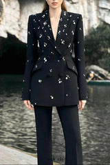 myra black Straight Flared Velvet Floor Length Pants rhinestone blazer set