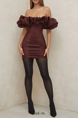 burgundy satin ruffle strapless mini dress