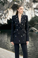 myra black Straight Flared Velvet Floor Length Pants rhinestone blazer set