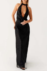 Sequin cutout halter backless Maxi Dress in Black