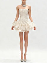 katherine Embroidered Lace Ruffle Mini Dress in pink