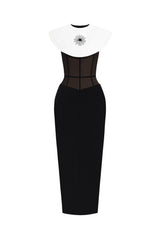 bernice black sleeveless Midi Dress With White Cape