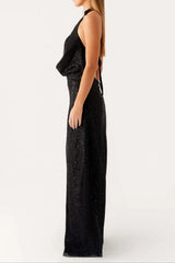 Sequin cutout halter backless Maxi Dress in Black