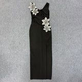 rita black 3D Floral Rhinestone Bodycon Slit Maxi Bandage Dress