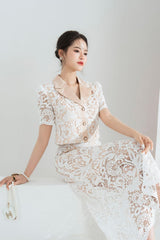 leona Cropped Peak Lapel Lace top skirt set in white